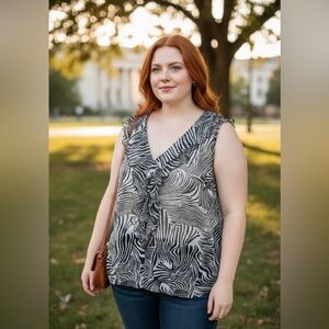 Addition Elle - Y2K Ruffle Sheer Zebra Print Sleeveless Blouse